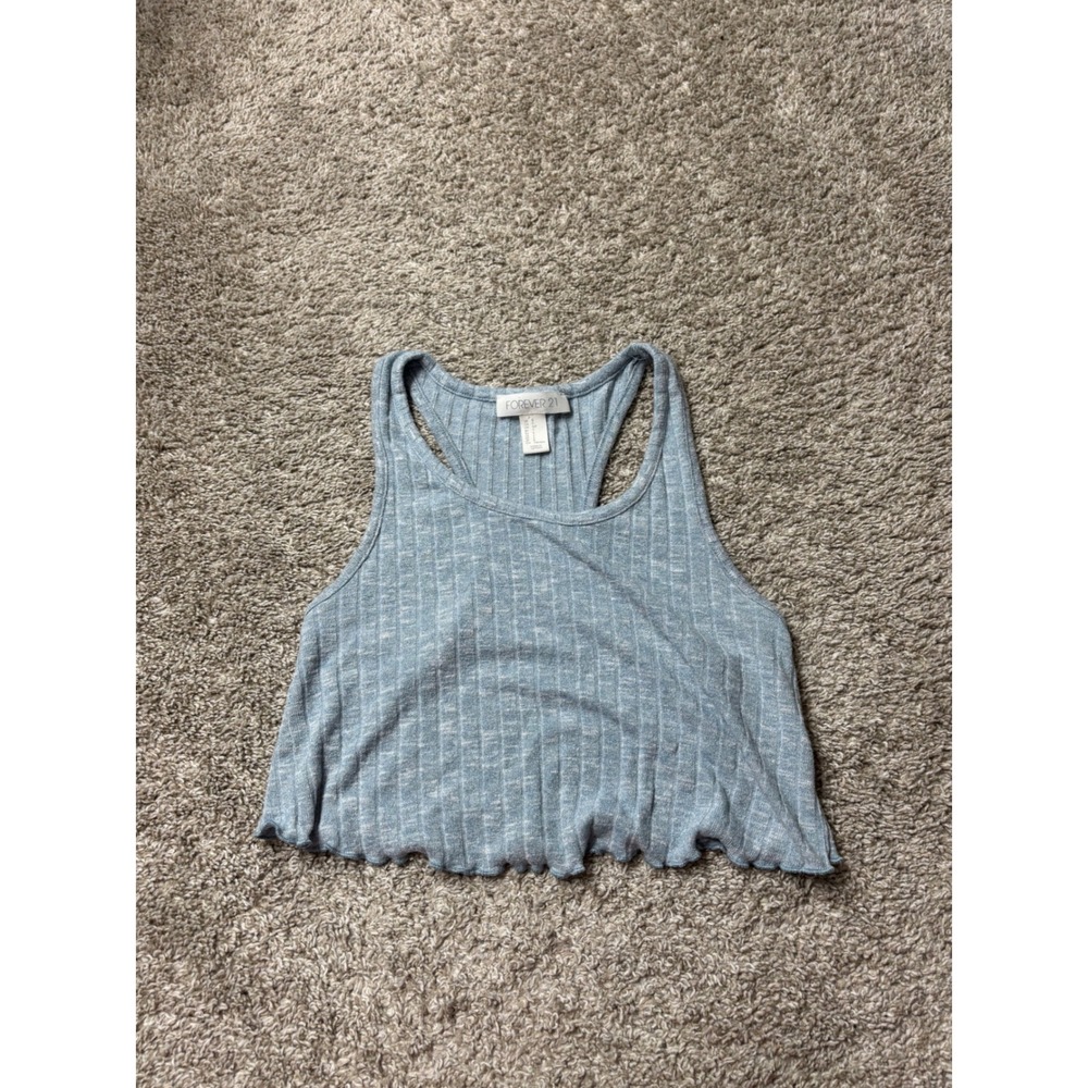 Forever 21 Blue Ribbed Racerback Crop Tank Top Lettuce Edge Hem Small